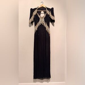 Sterling Black/Gold 100% Silk Beaded Gown Dress Women 8 Formal long Embellished